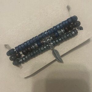 Triple Strand Beaded Wrap Bracelet with Feather Charm - Blue & Green